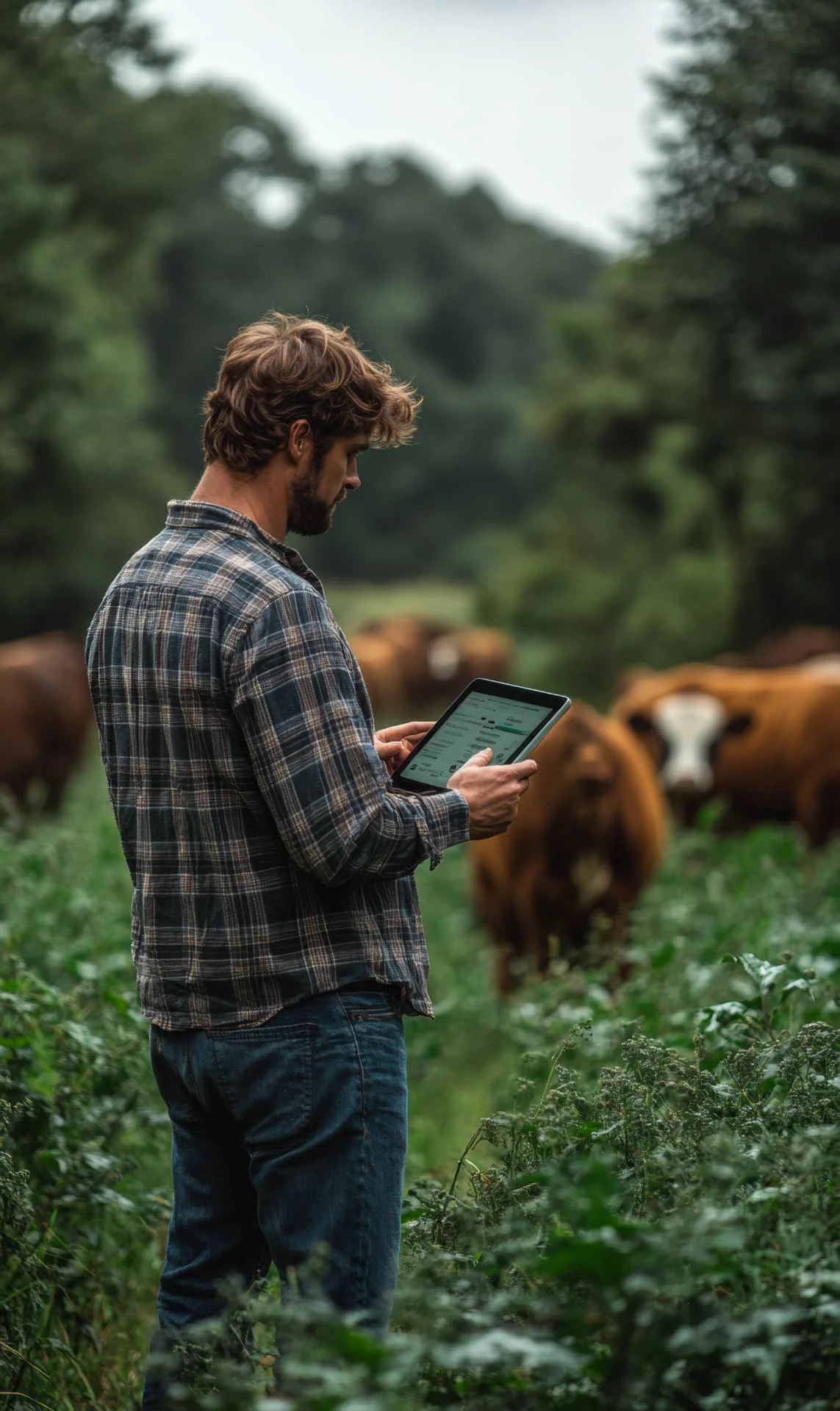 Produtor rural utilizando tablet no campo com rebanho ao fundo